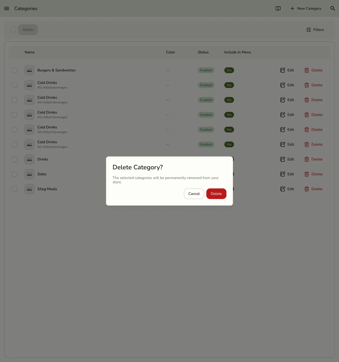 The confirmation dialog shown before a category is deleted