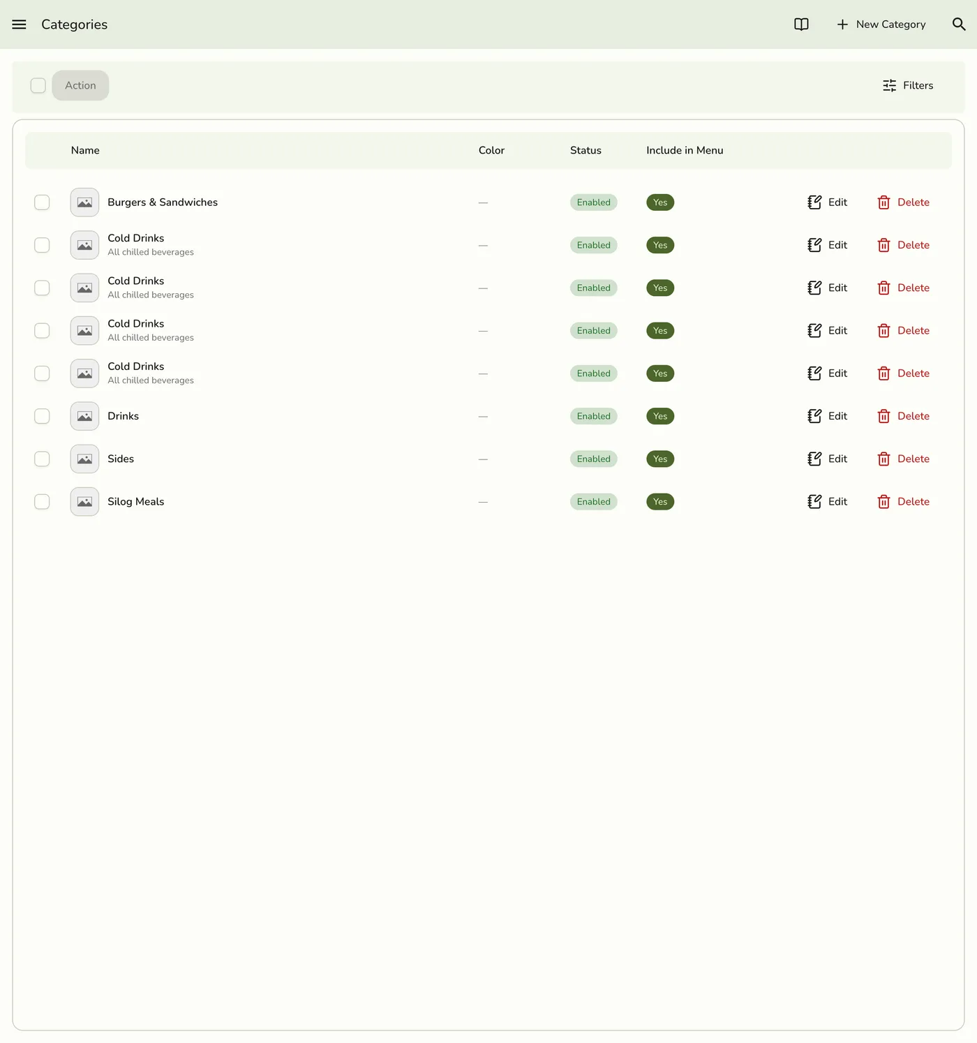 The Categories screen in Fuze Store, listing the store's product categories