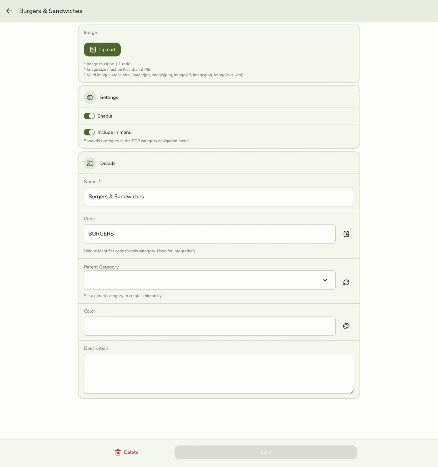 The edit Category form showing the current Name and Code values, ready to update