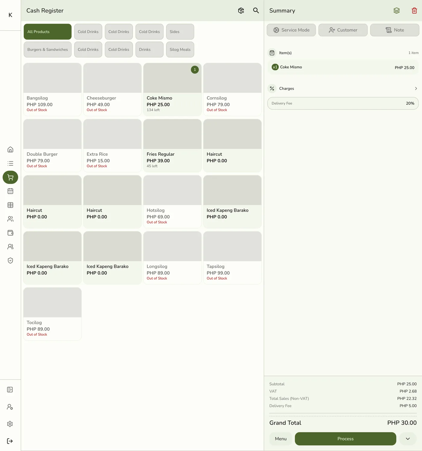 The POS register order summary showing the applied charge added to the grand total