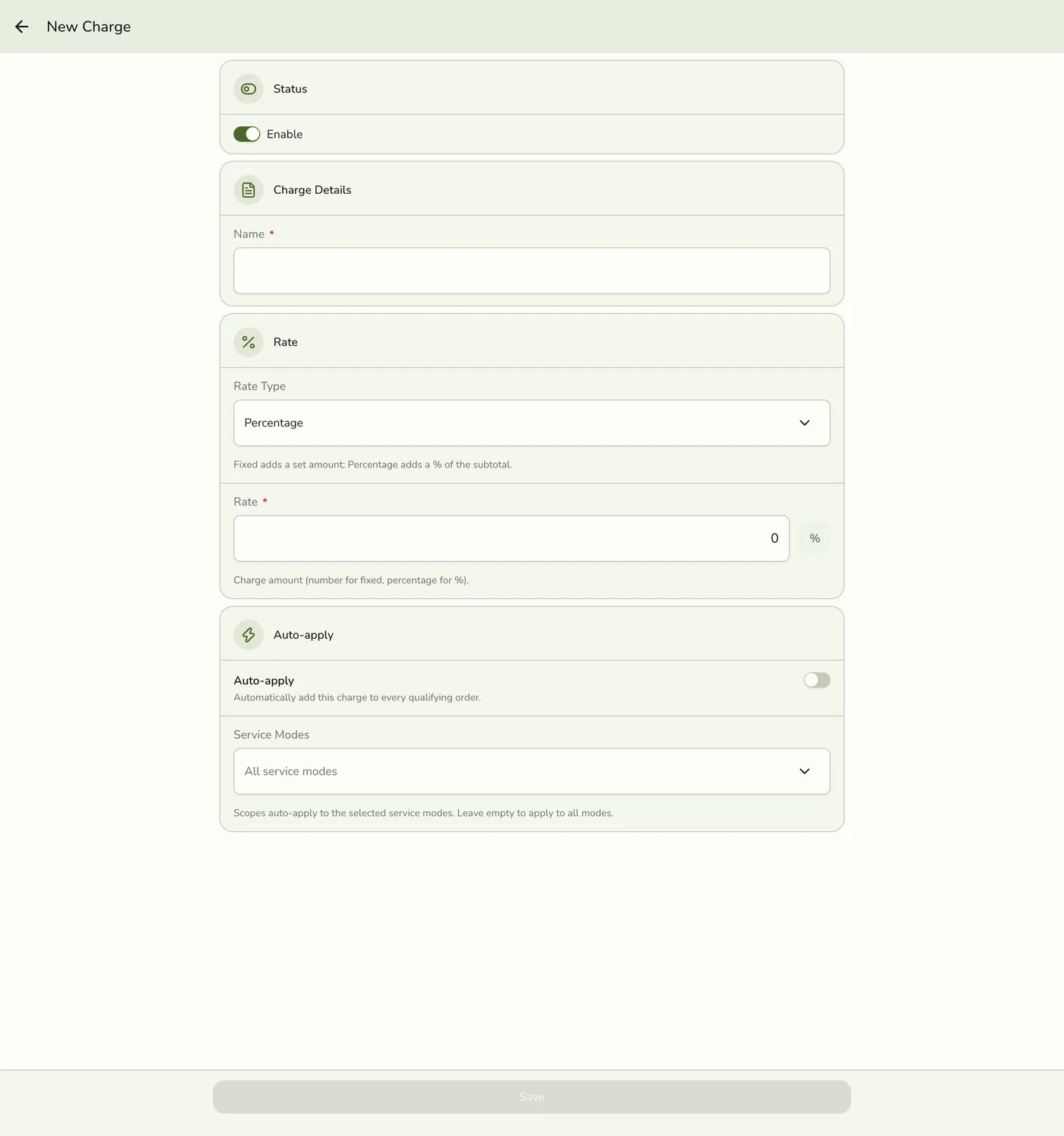 The new Charge form in Fuze Store, empty and ready to fill in