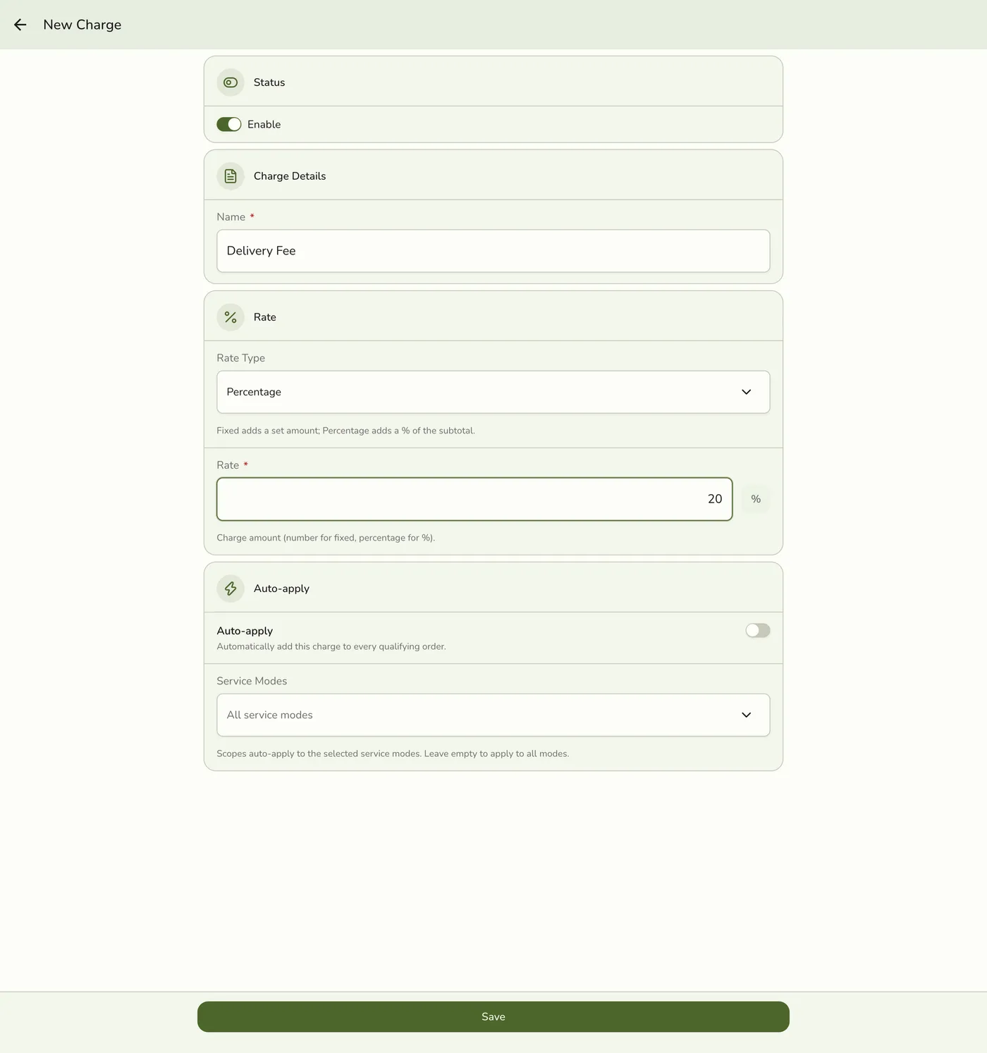 The new Charge form with a name and rate filled in