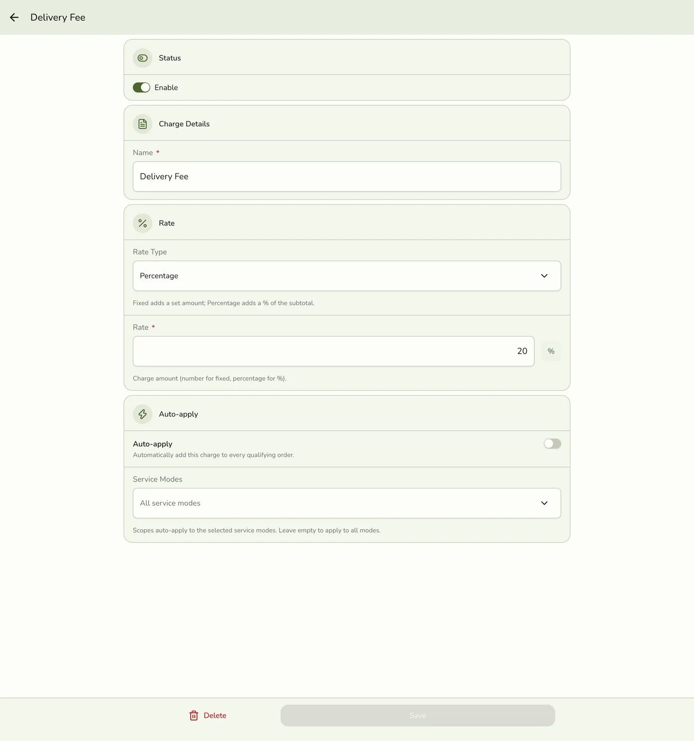 The edit Charge form showing the current values