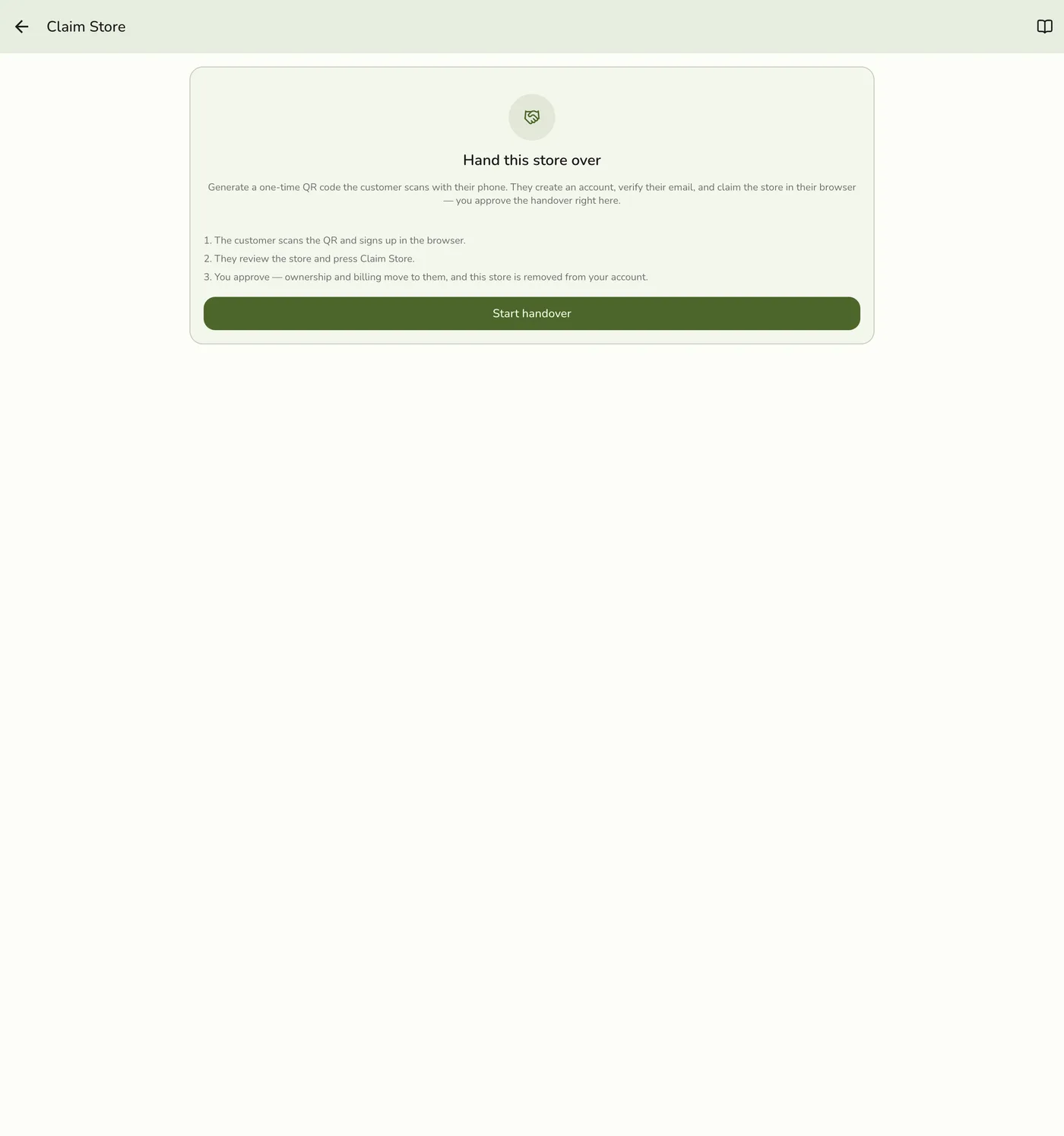 The Claim Store screen in Fuze Store, explaining the three-step handover and a Start handover button