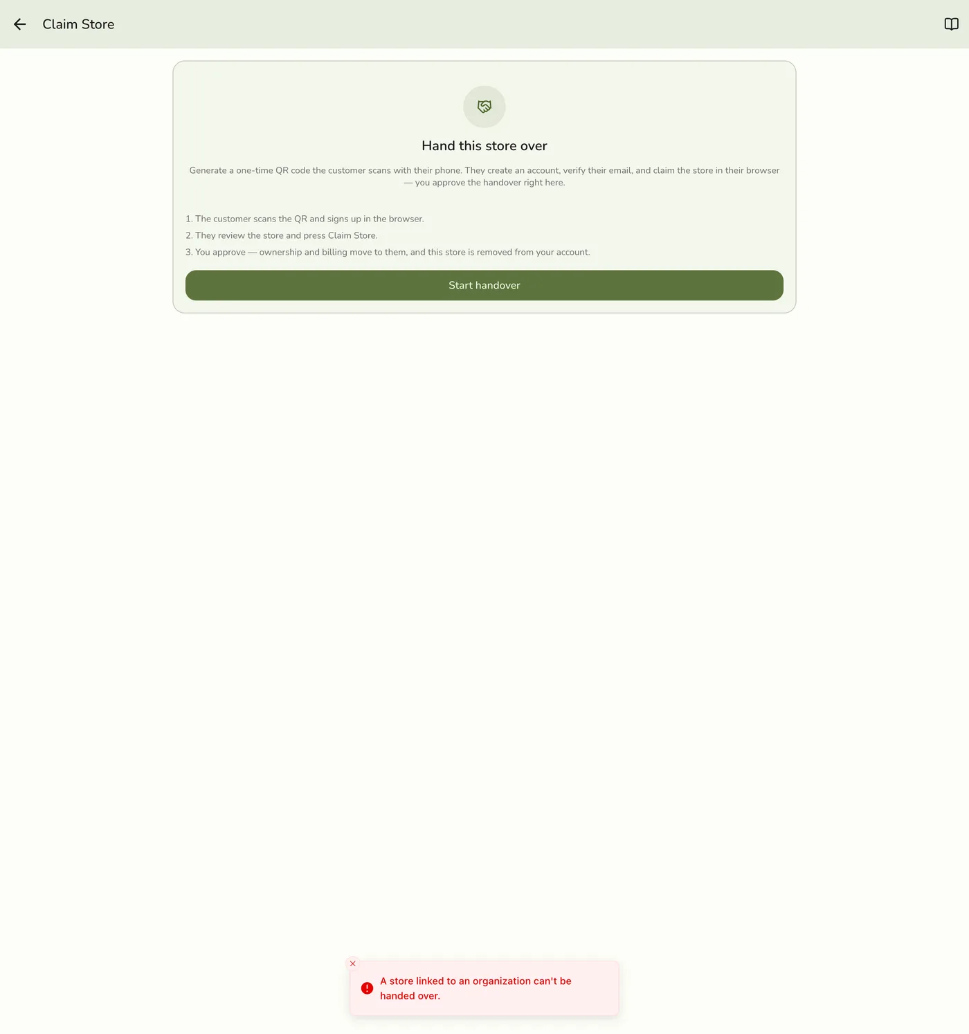 The Claim Store screen showing the error 'A store linked to an organization can't be handed over' after tapping Start handover