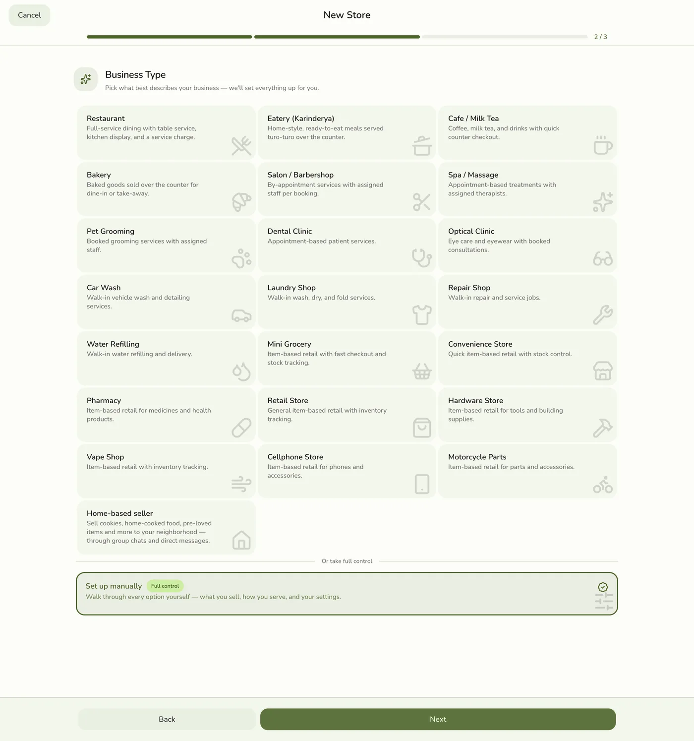 The Create Store wizard on the Business type step, showing a grid of niche cards (Restaurant, Cafe, Salon, Retail, Home-based seller, and more) with Set up manually pre-selected by default