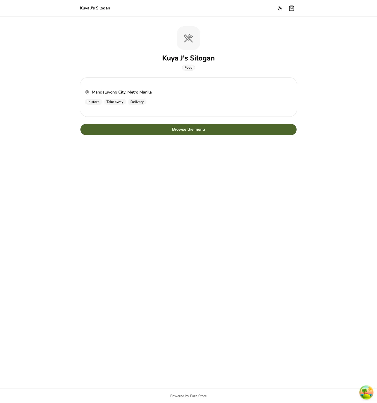 A store's public profile page, showing the store name, business type, city and province, service modes, and a Browse the menu button — no operating hours shown because none are configured yet