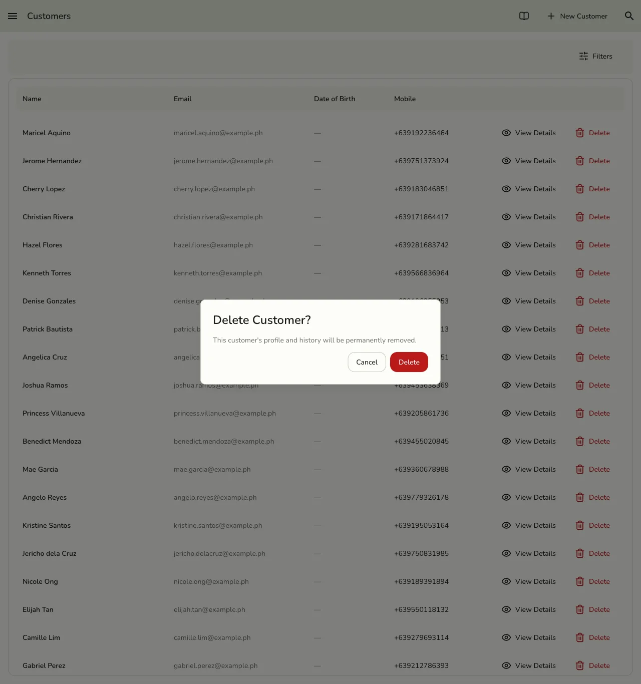 The Delete Customer confirmation dialog in Fuze Store, warning that the customer's profile and history will be permanently removed, with Cancel and Delete buttons