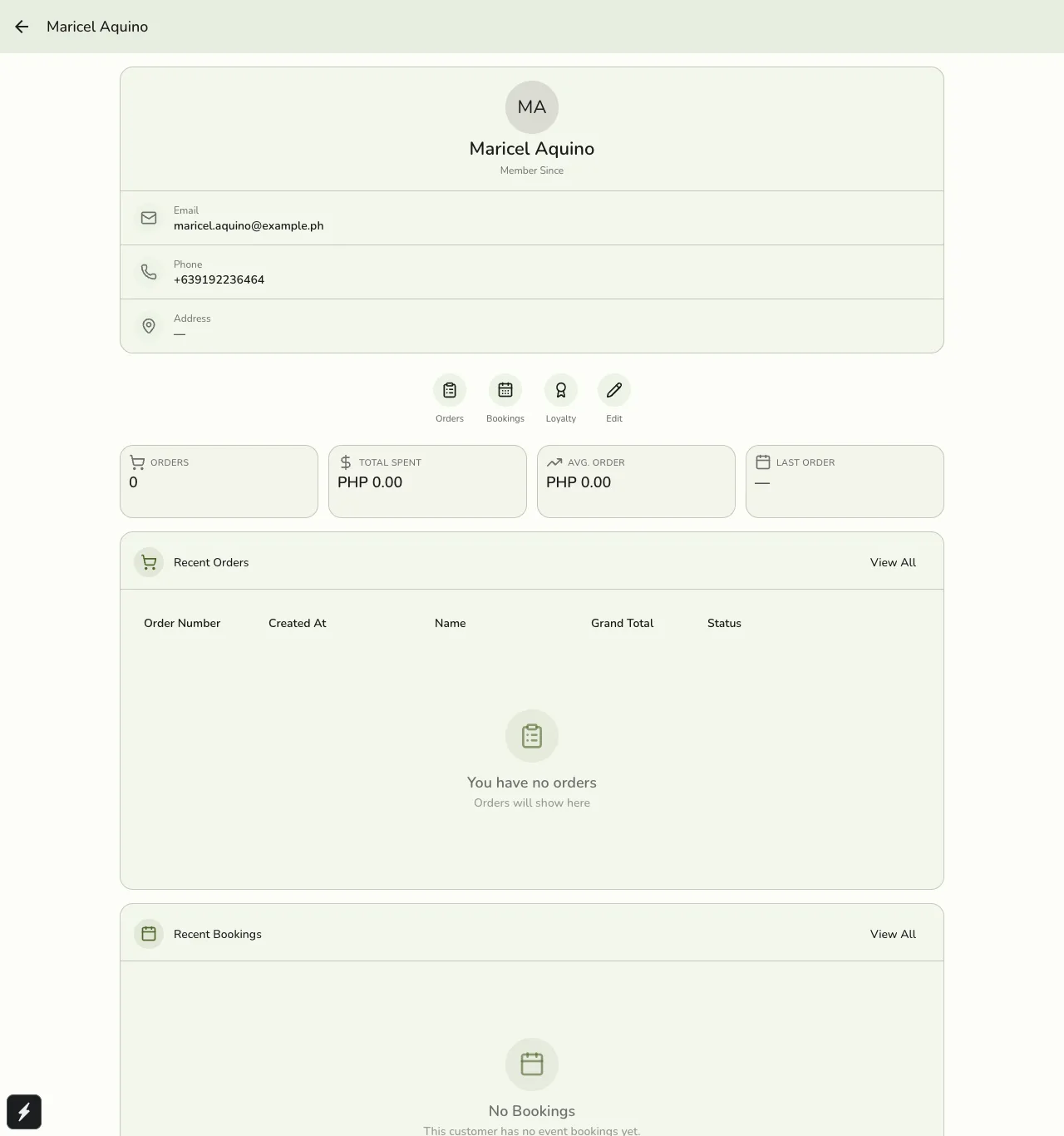 A customer's profile in Fuze Store showing their contact info, a quick actions row with Orders, Bookings, Loyalty, and Edit shortcuts, and stat cards for orders, total spent, average order, and last order