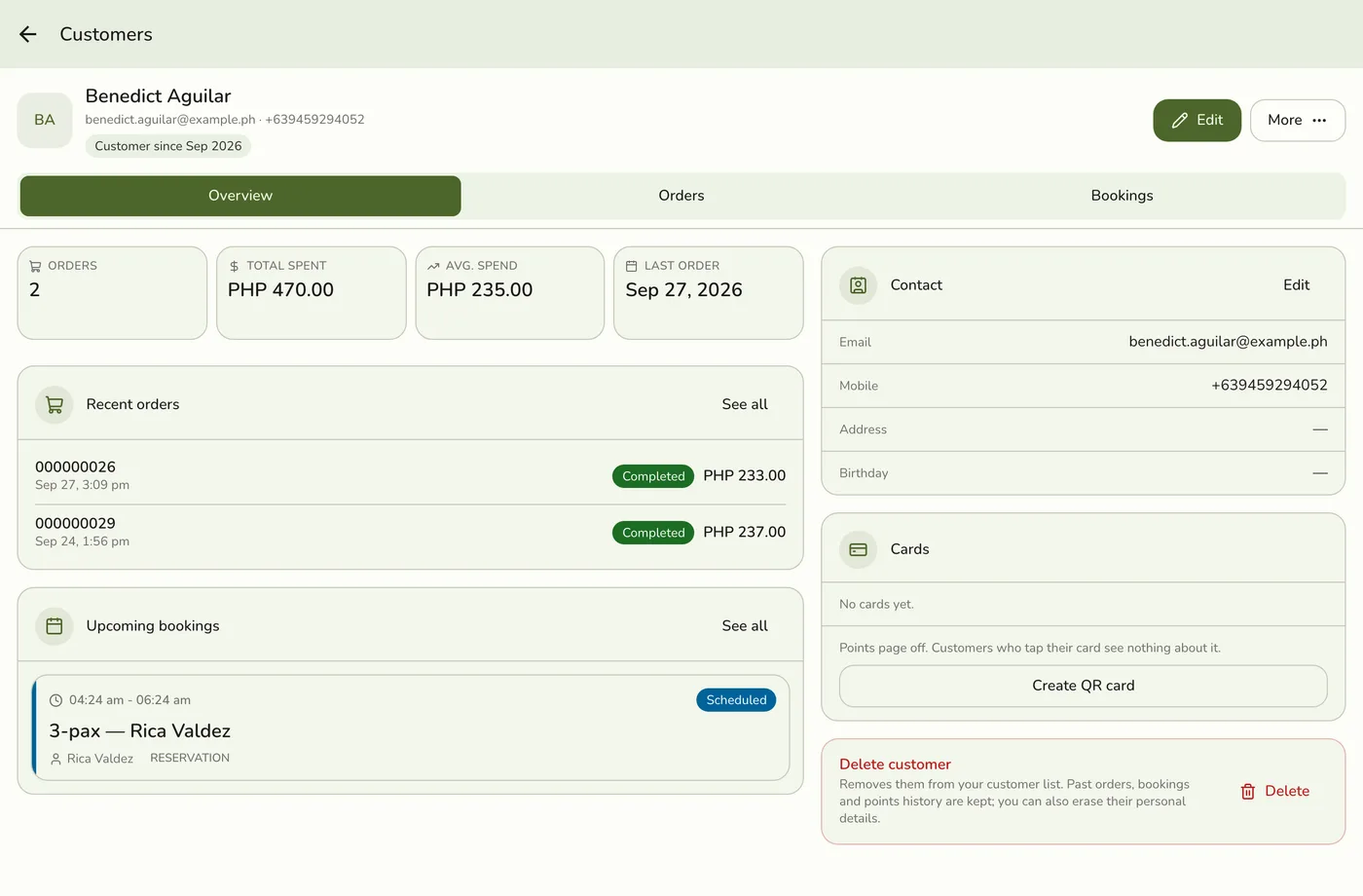 A customer's page