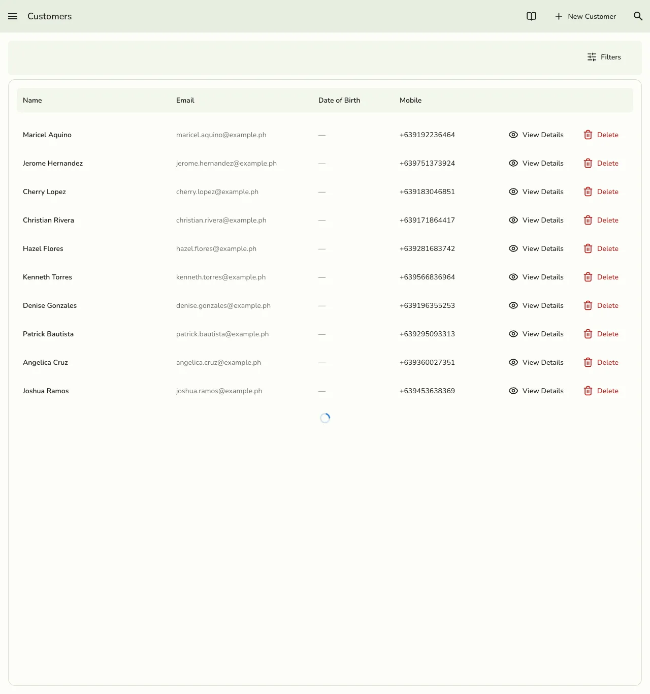 The Customers list in Fuze Store showing customer names, emails, dates of birth, and mobile numbers, with View Details and Delete actions