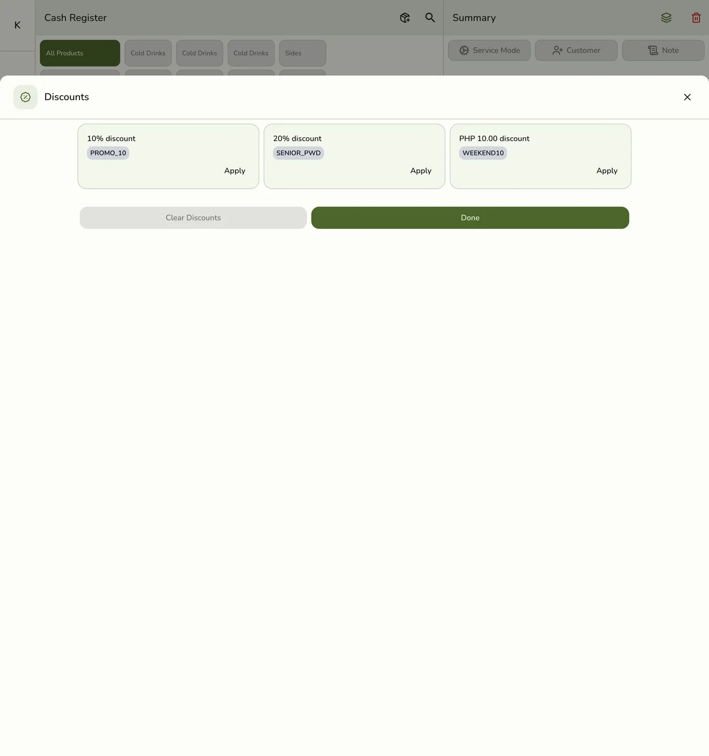The Discounts sheet on the POS register, listing catalog discounts each with an Apply button