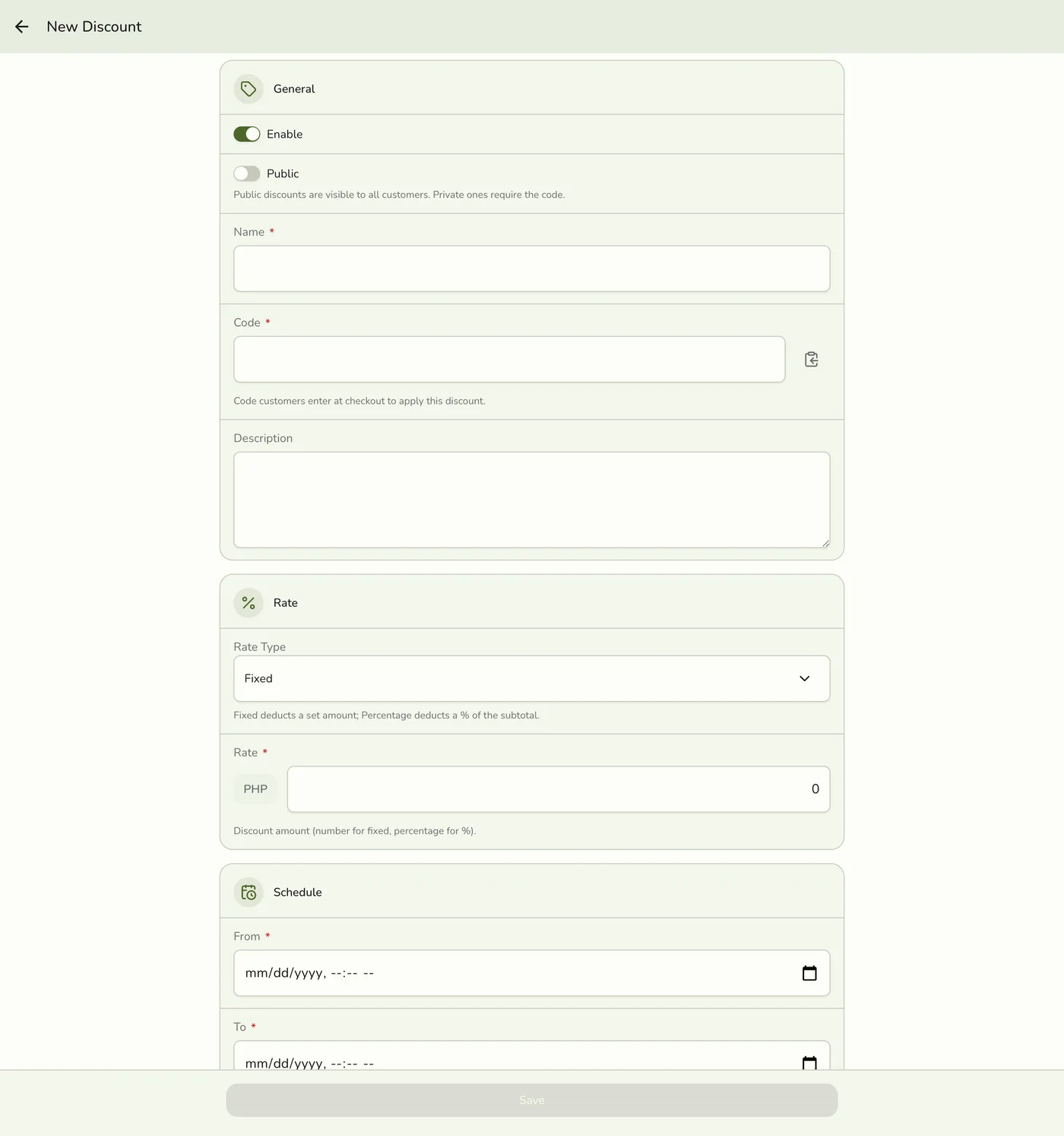 The new Discount form in Fuze Store, empty and ready to fill in