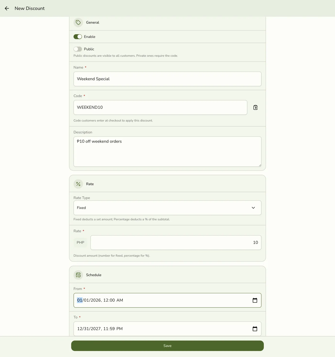 The new Discount form with a name, code, rate, and schedule filled in