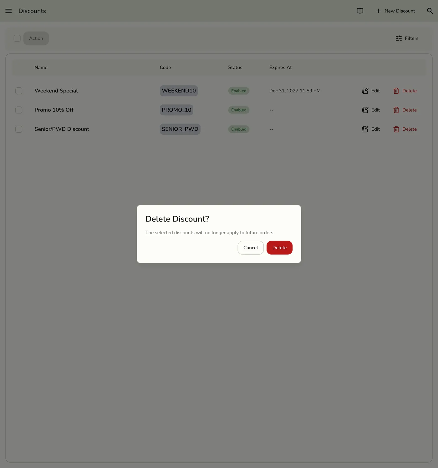The confirmation dialog shown before a discount is deleted