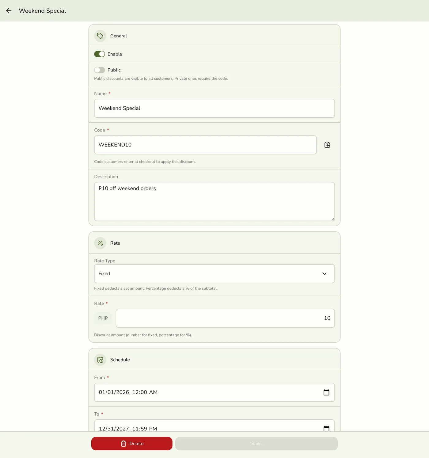 The edit Discount form showing the current values