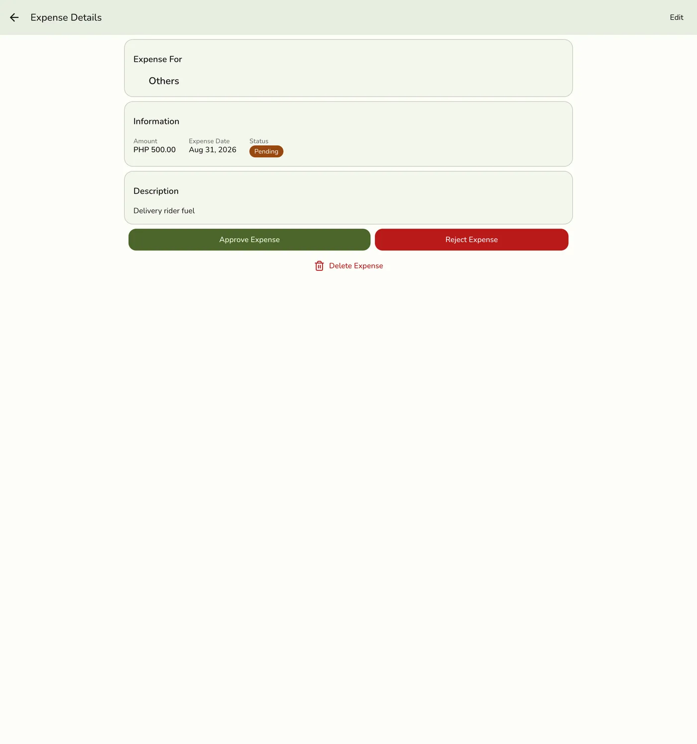 The Expense detail screen for a Pending expense, showing Edit at the top right and Approve Expense, Reject Expense, and Delete Expense actions below the details