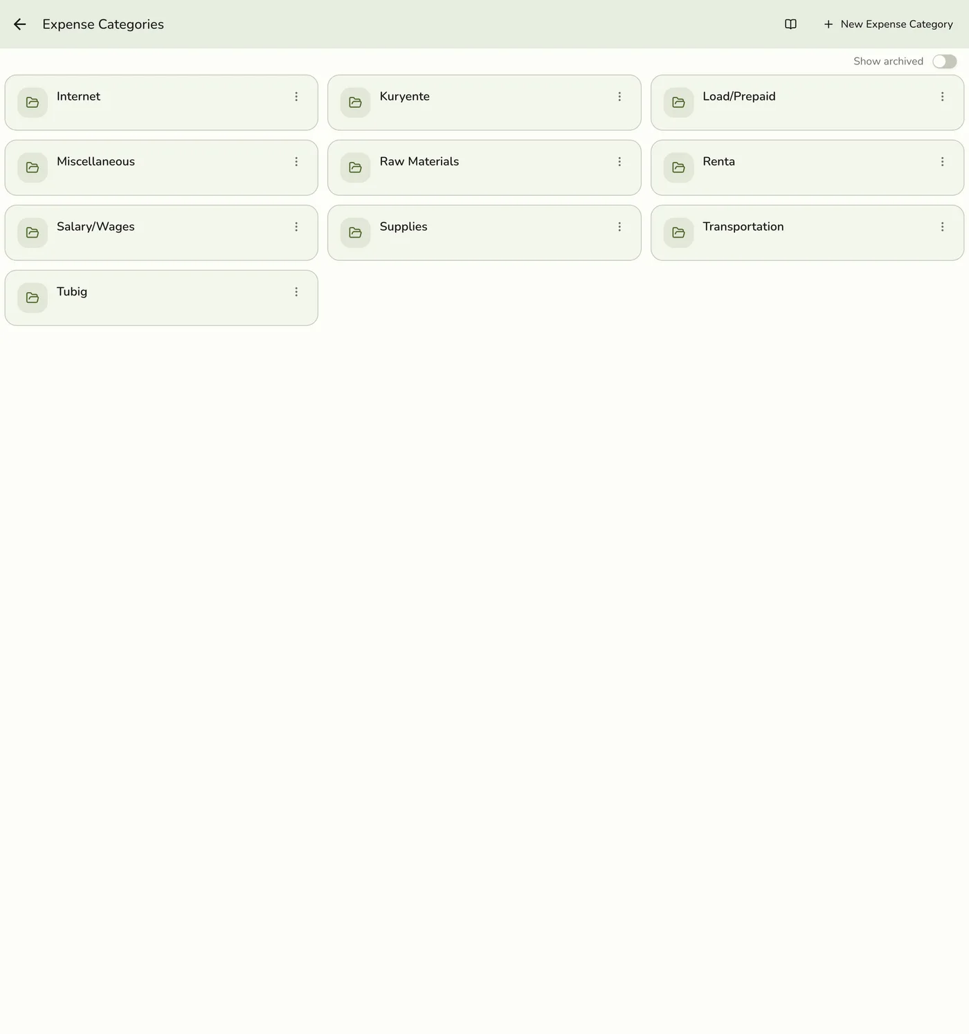 The Expense Categories screen in Fuze Store, showing category cards in a grid