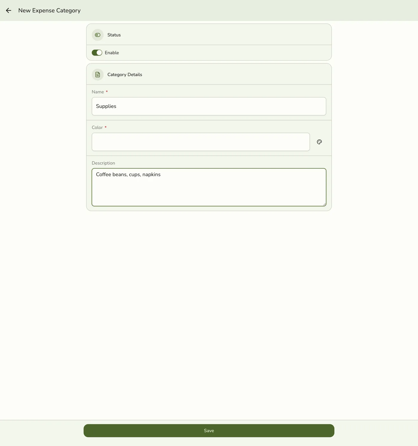 The new Expense Category form with Name and Description filled in, and an Enable toggle