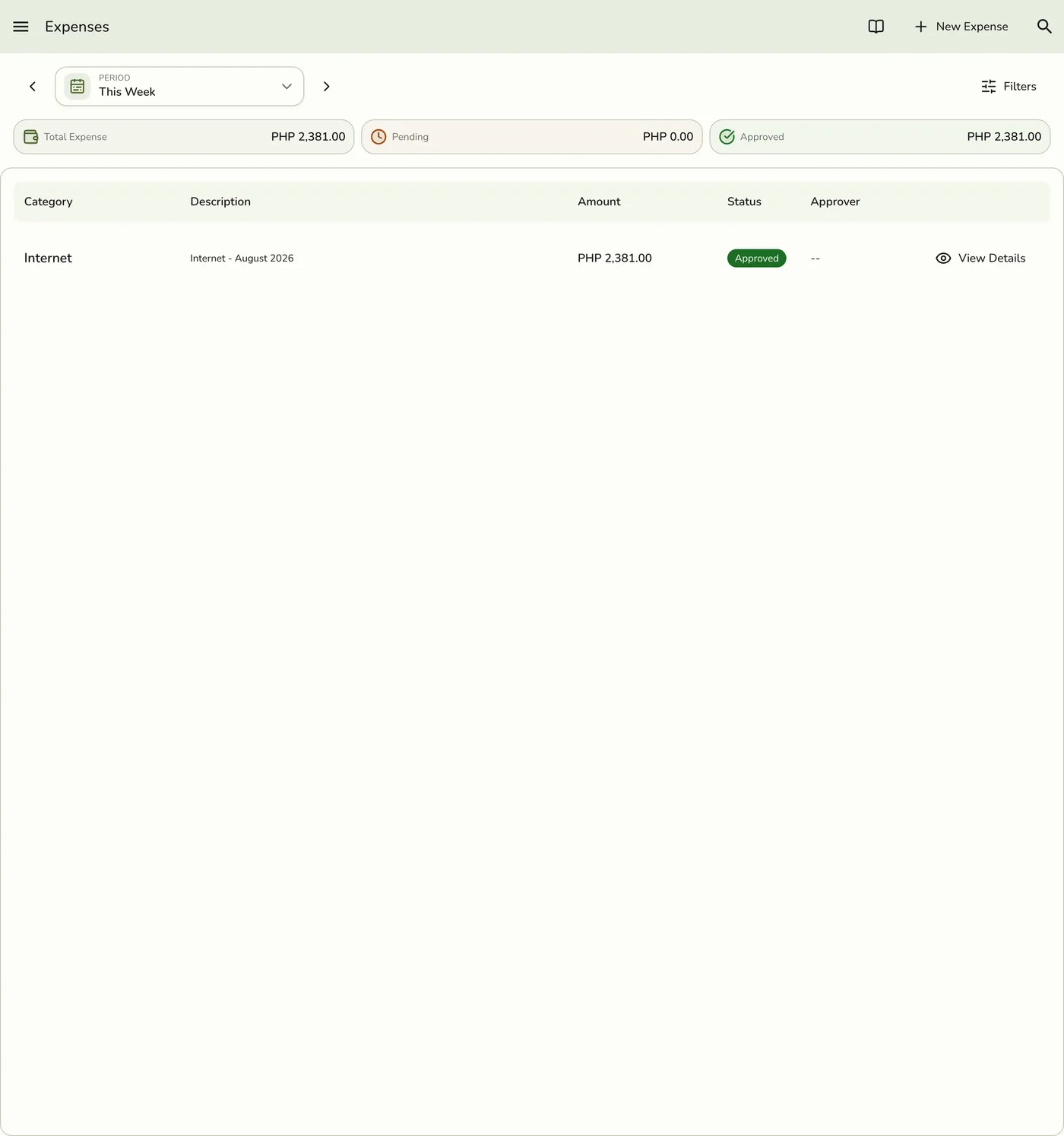 The Expenses screen in Fuze Store, with a Period selector, Total/Pending/Approved KPI cards, a Filters button, and the expense list