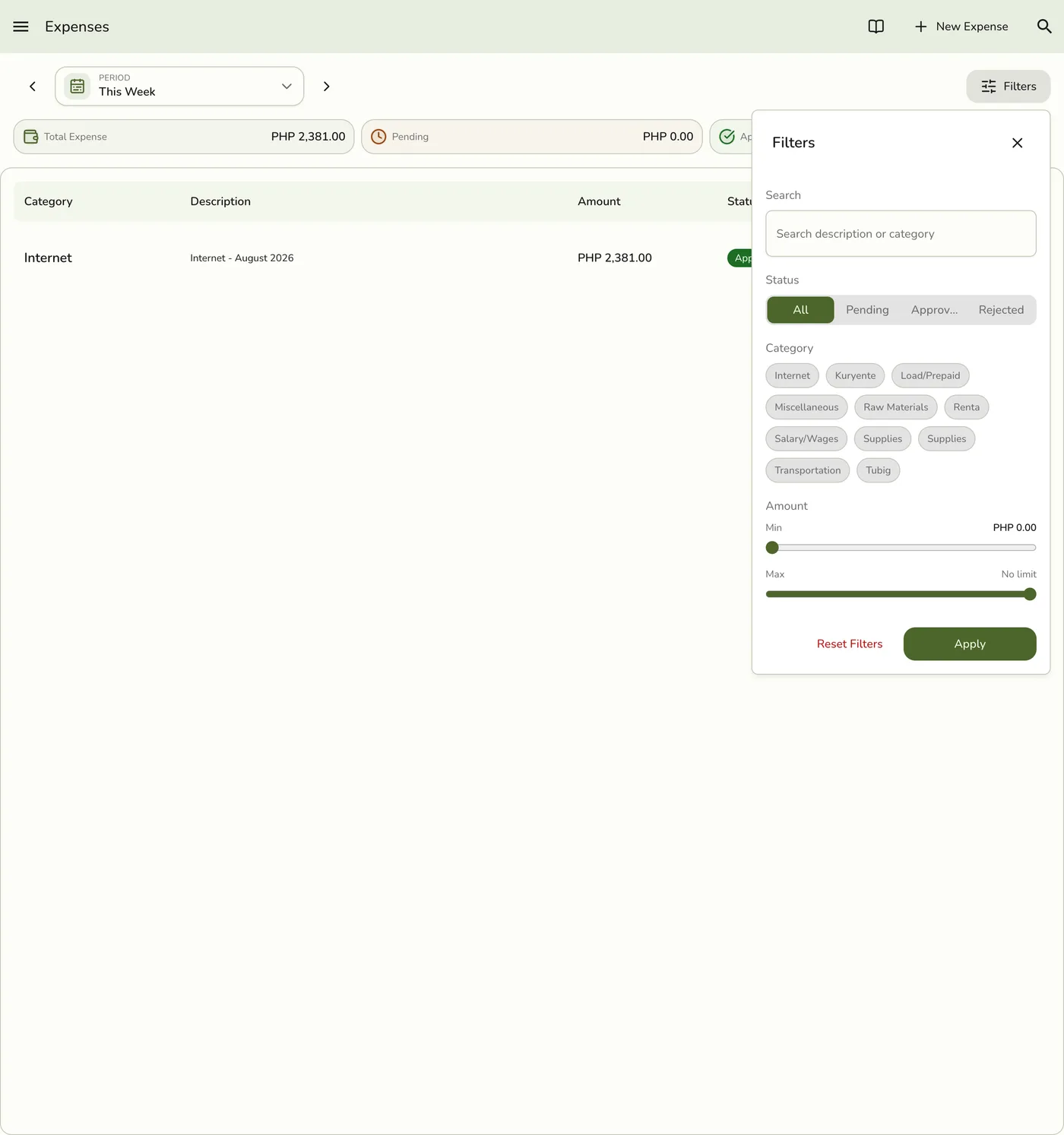 The Filters panel on the Expenses screen, with Search, Status tabs, Category chips, and Min/Max amount sliders
