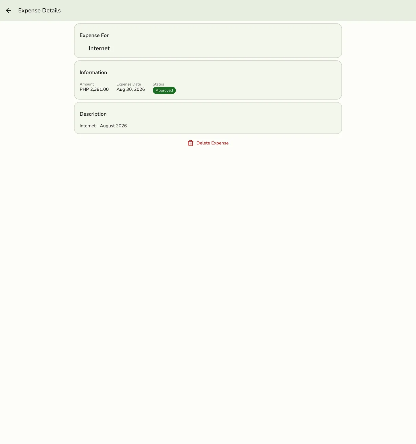 The Expense detail screen for an Approved expense, showing Expense For, Amount, Expense Date, Status, Description, and a Delete Expense action (no Edit button, since approved expenses are posted records)