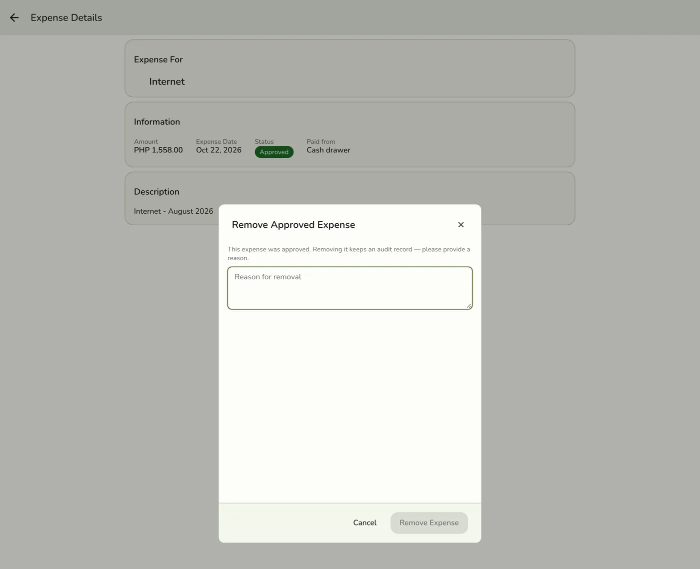 The delete confirmation for an expense