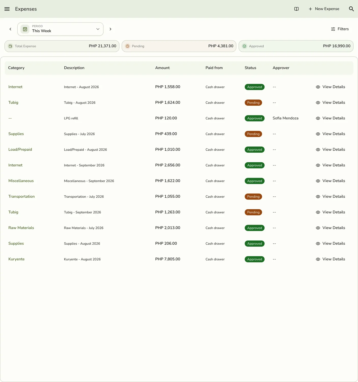 The Expenses screen with period totals and the expense list