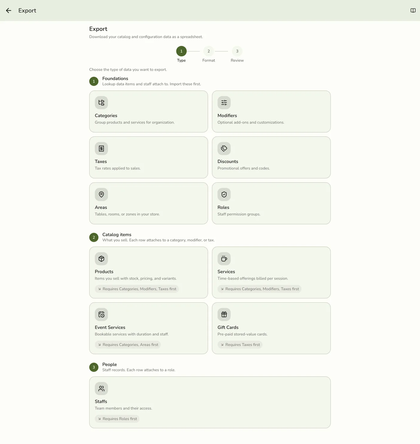 The Export type grid with locked types dimmed