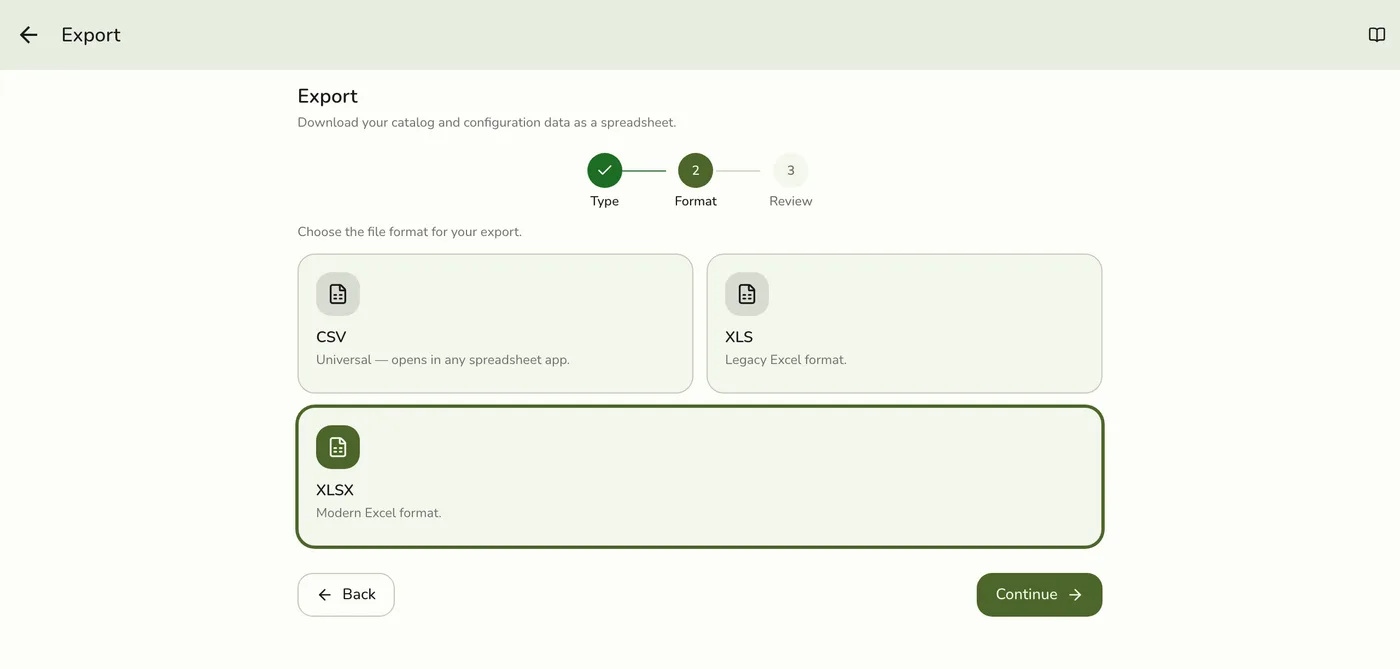 The format picker with CSV, XLS and XLSX