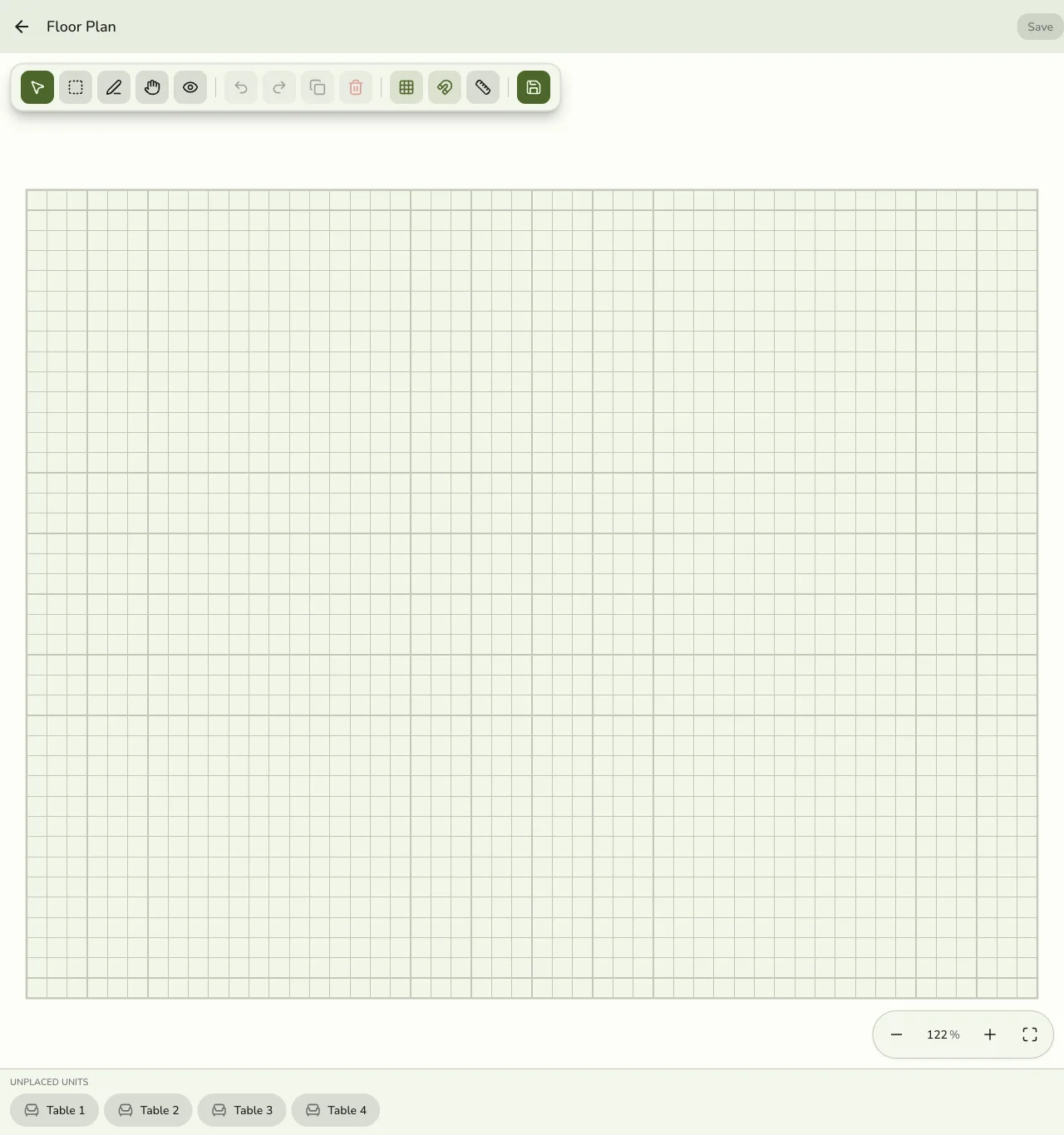 The Unplaced units tray at the bottom of the Floor Plan editor in Fuze Store, listing Table 1 through Table 4 as tappable chips before any are placed on the canvas
