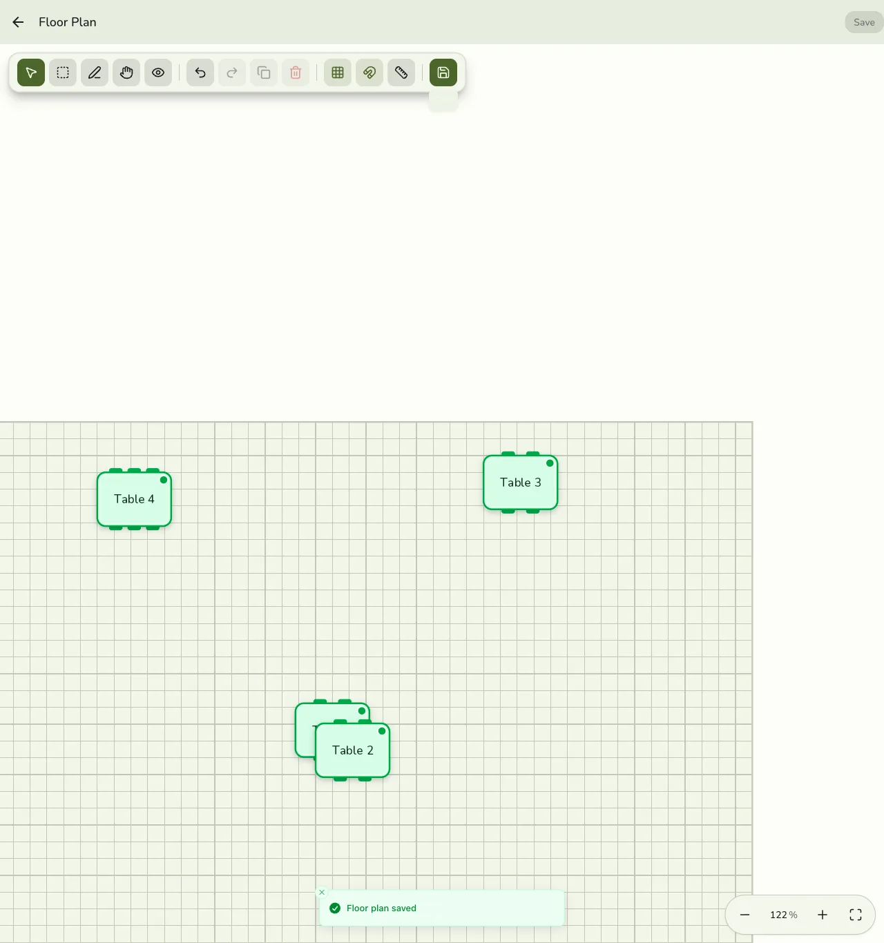 The Floor Plan editor in Fuze Store with four tables placed and spread across the grid, the tool palette along the top, and a Floor plan saved confirmation toast