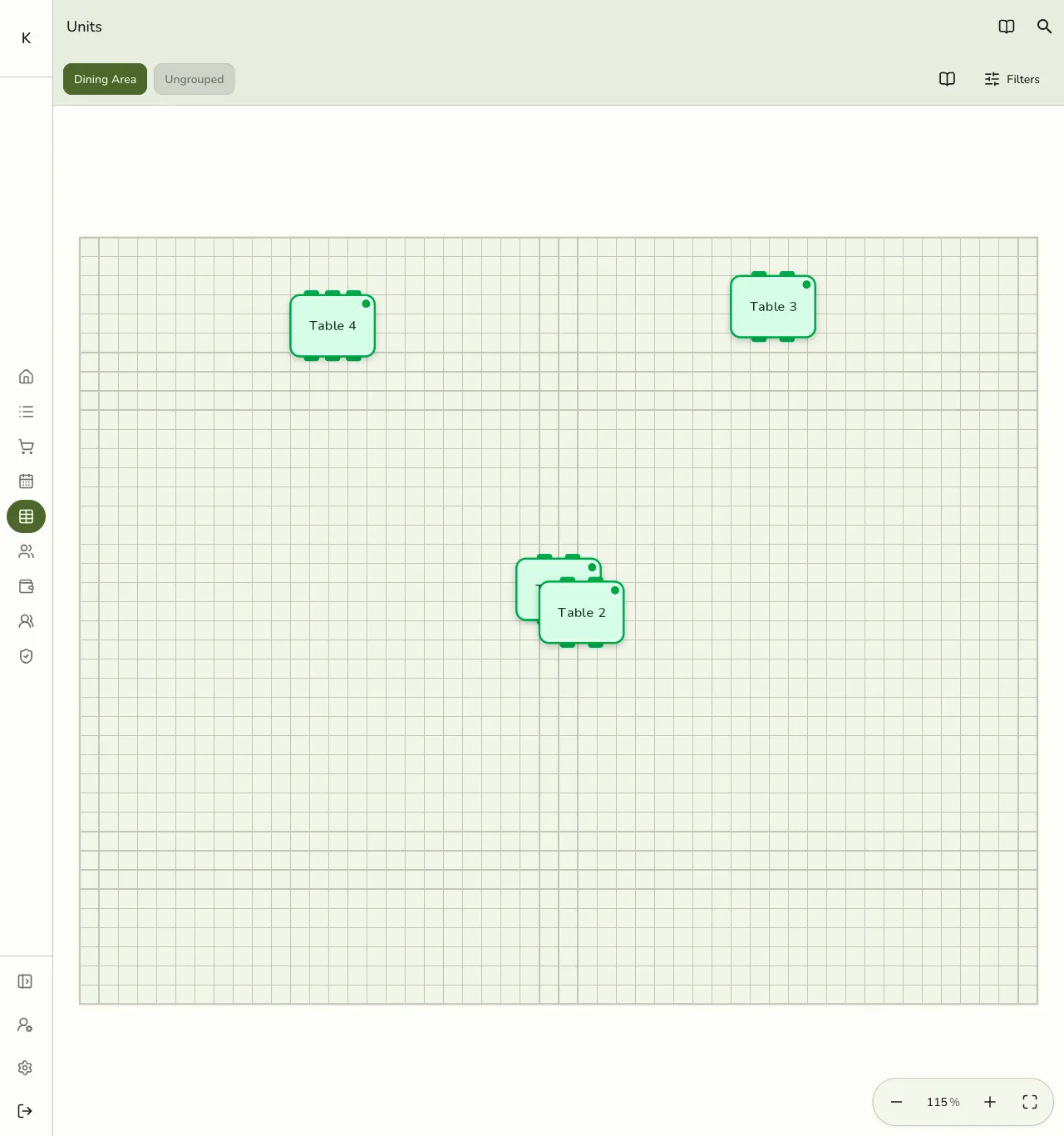 The POS Units screen in Fuze Store showing a tappable live floor map with tables placed on a grid, instead of the classic list grid