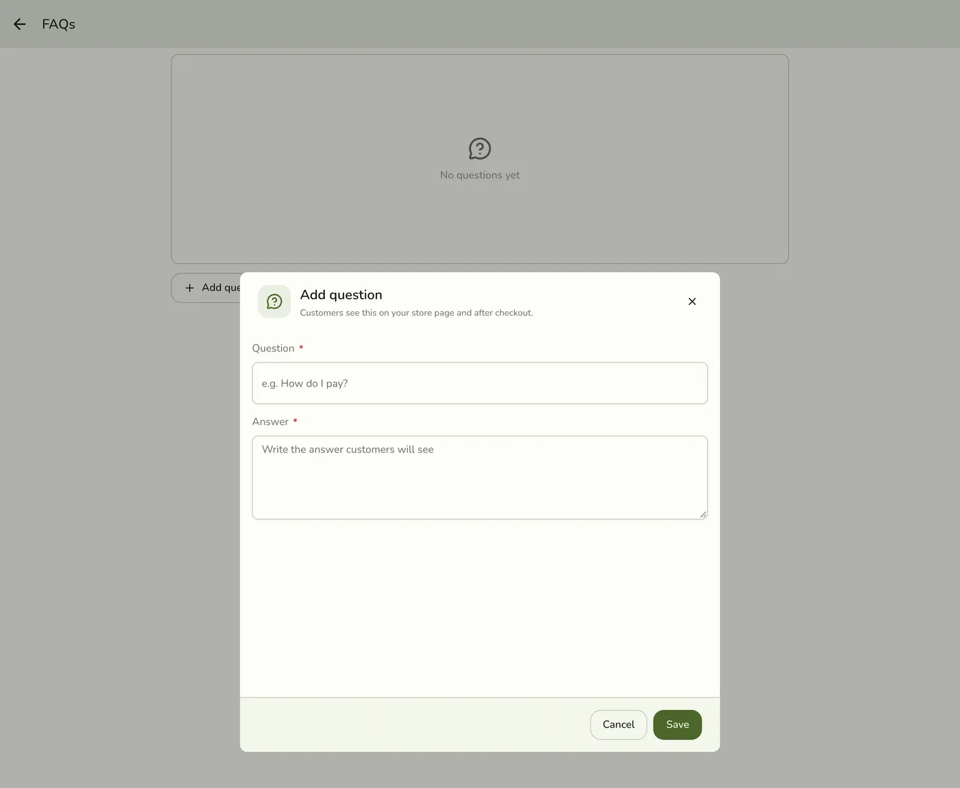 The FAQ form with Question and Answer fields