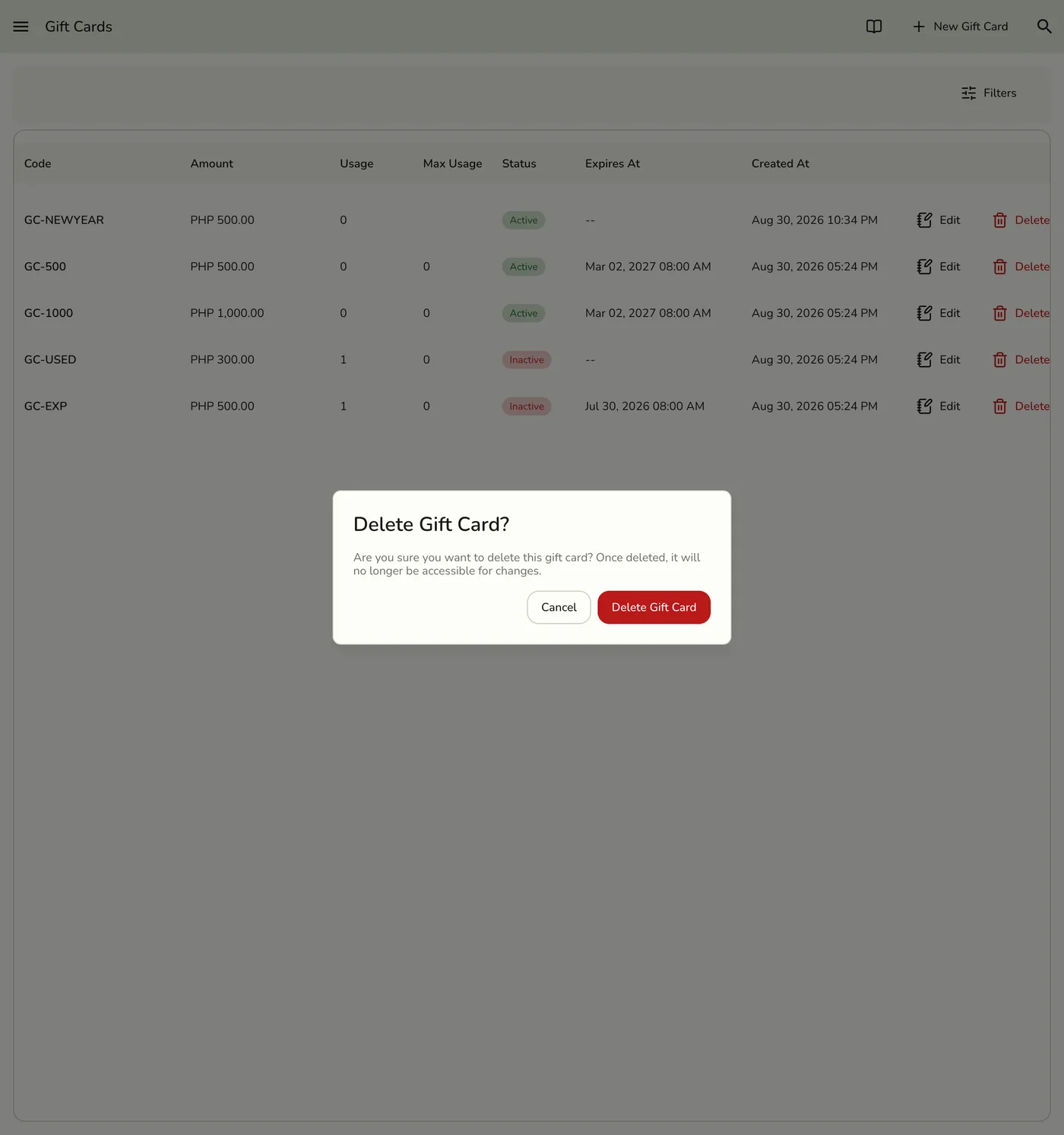 The confirmation dialog shown before a gift card is deleted