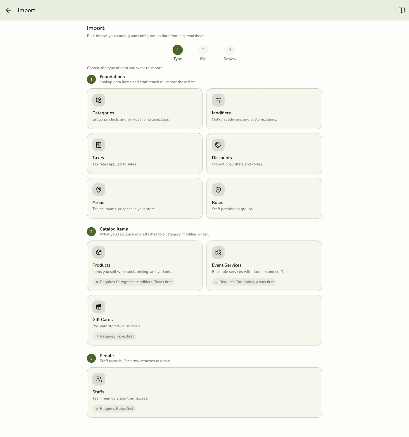 The Import wizard type picker in the Fuze Store app