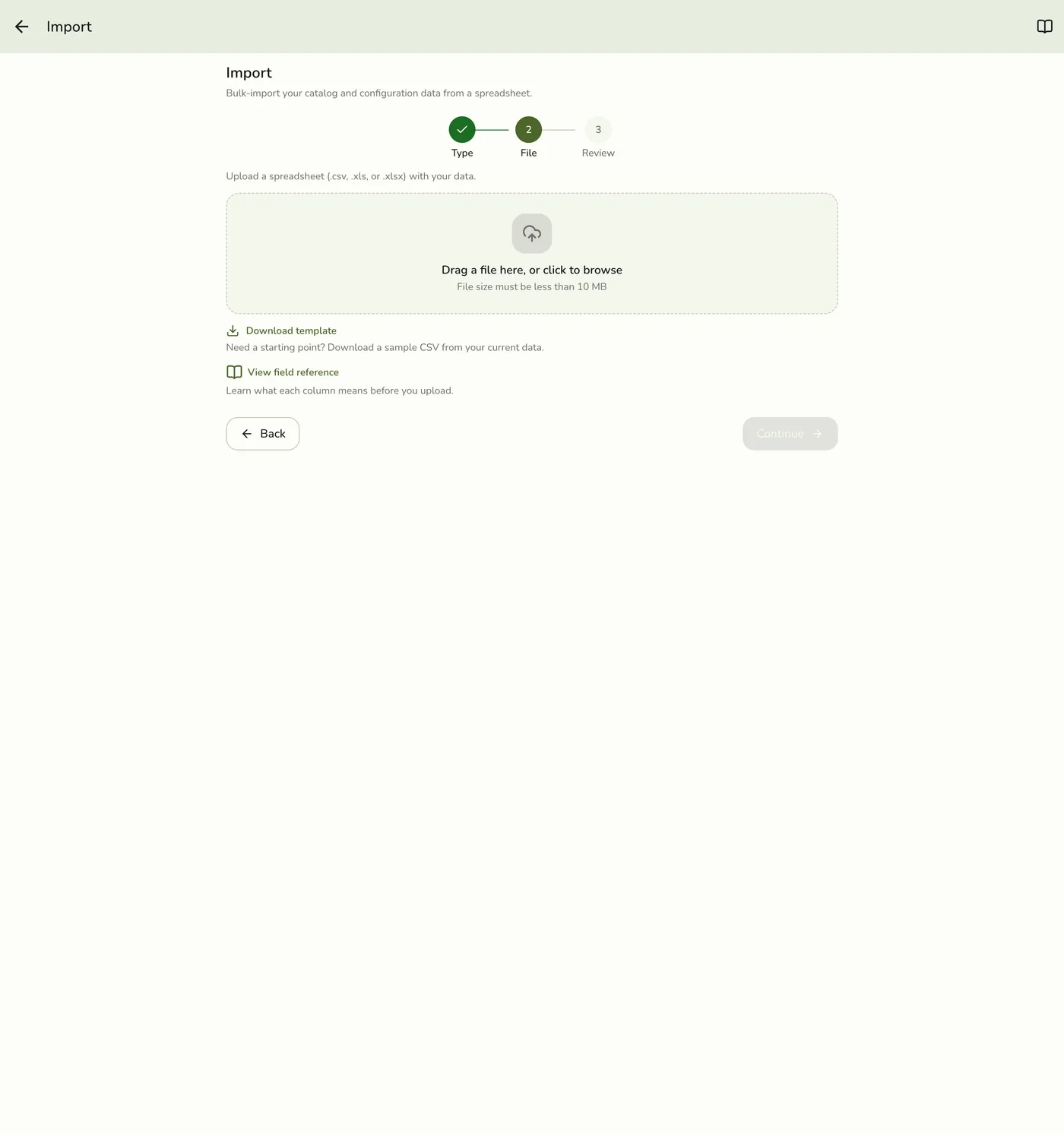The Import wizard file step in Fuze Store, showing the spreadsheet upload area, a Download template link, and a View field reference link