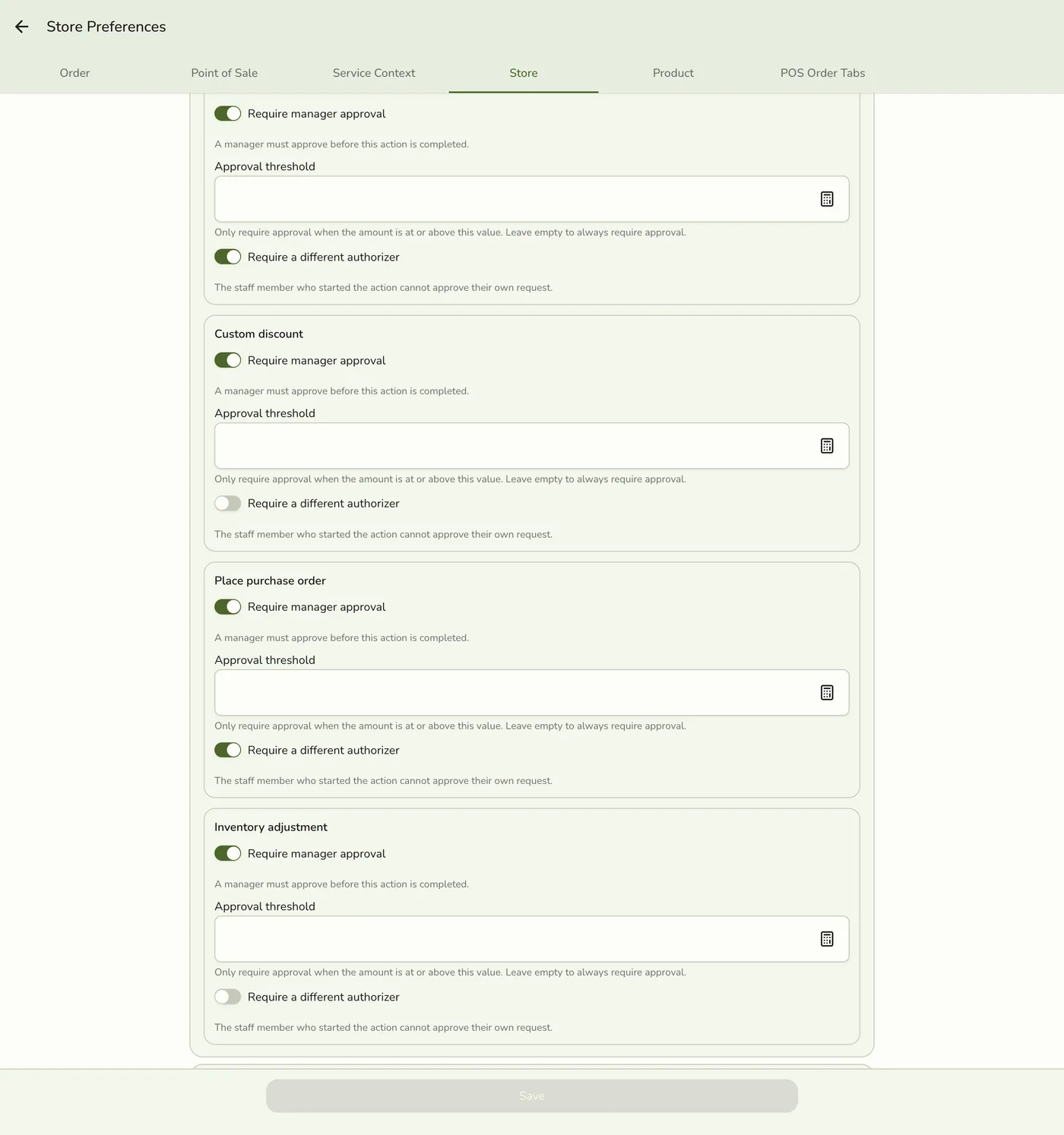 The Approval policy card on the Preferences Policies tab, showing Require manager approval, Approval threshold, and Require a different authorizer for Place purchase order and Inventory adjustment