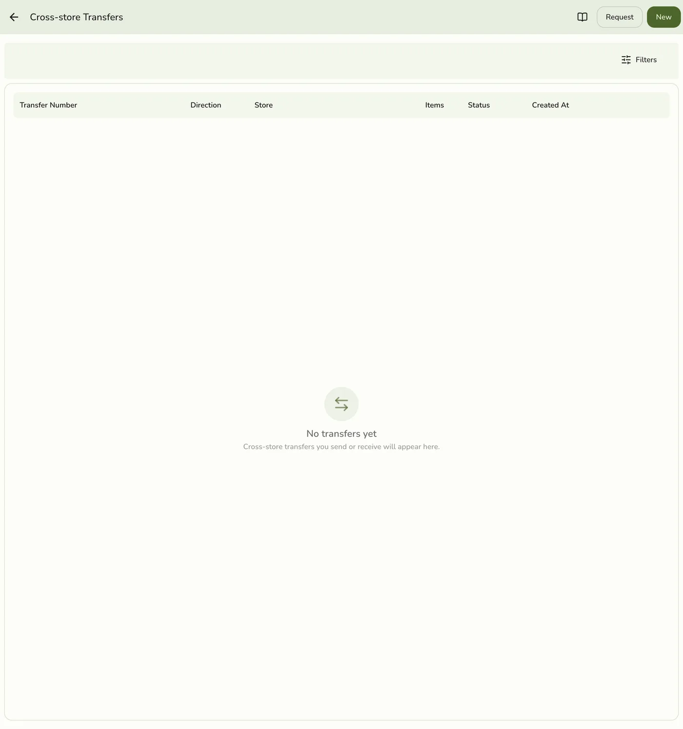 The Cross-store Transfers screen in Fuze Store, showing Request and New buttons and a list of transfers between the stores in an organization