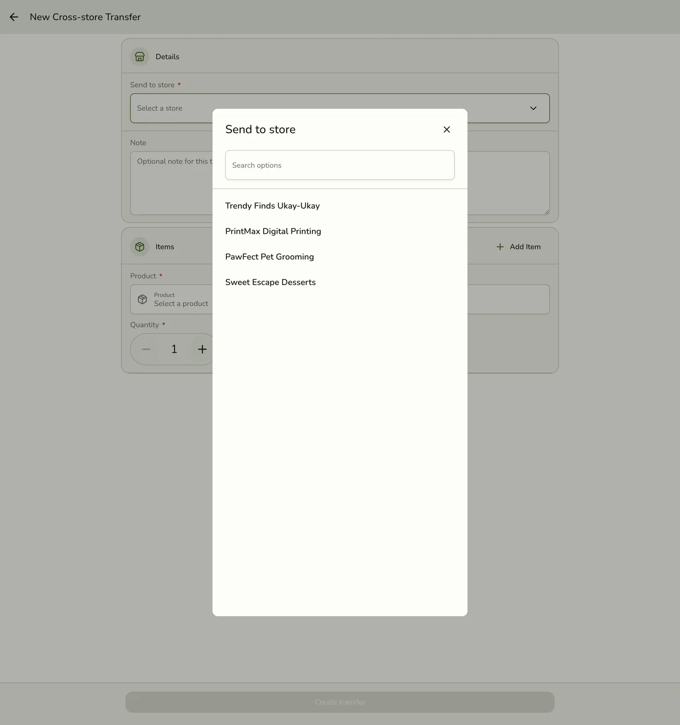The store picker dialog on the New Cross-store Transfer form, listing the other stores in the organization