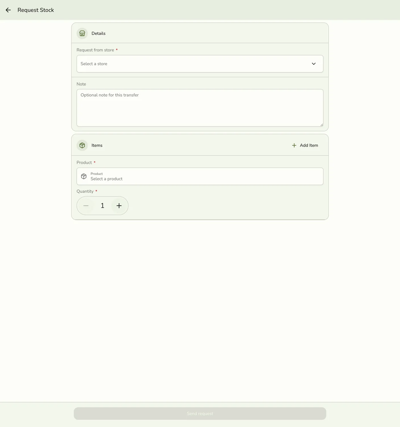 The Request Stock form, showing a Request from store picker, Note, and Items section