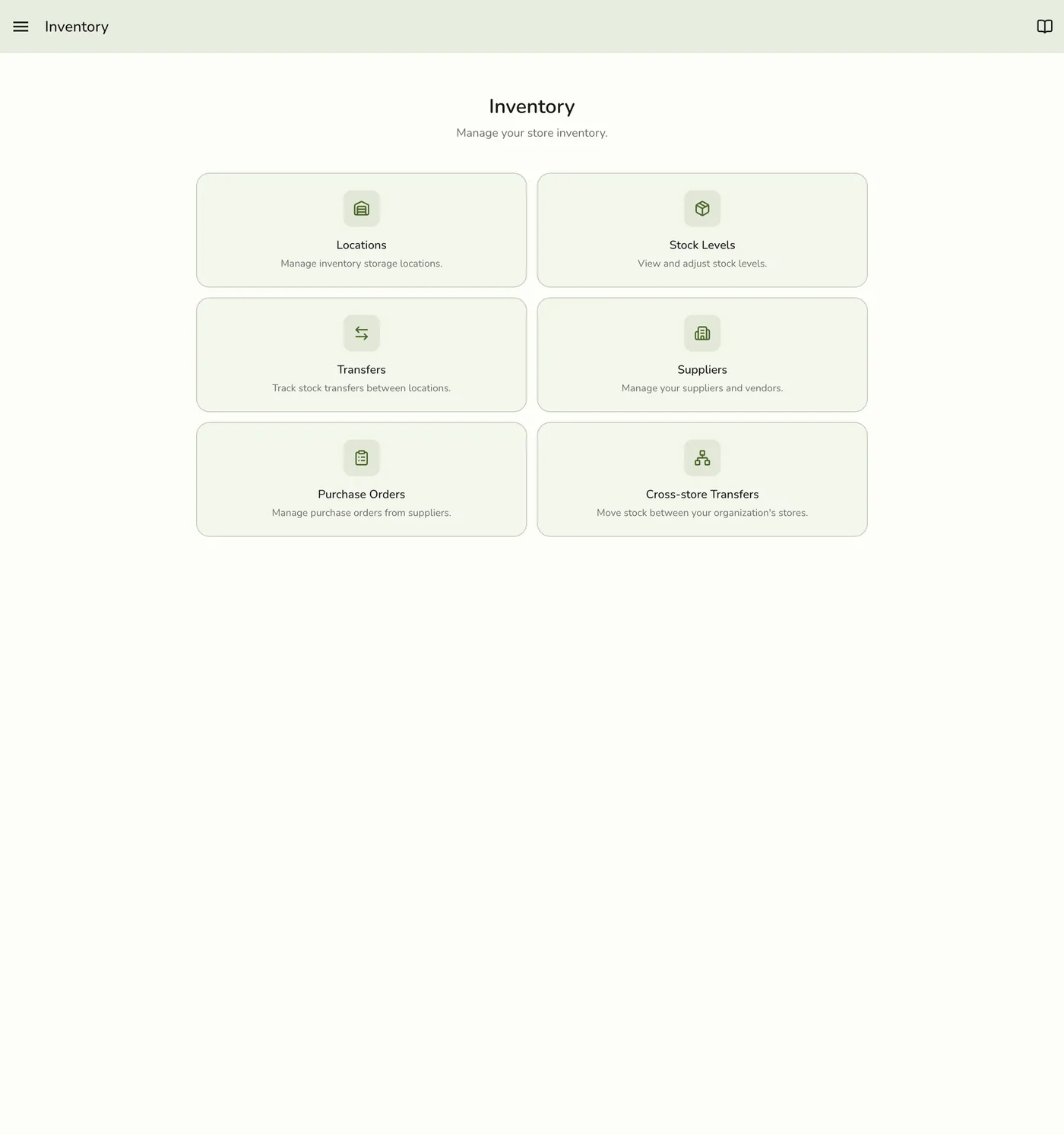 The Inventory hub screen in Fuze Store, with cards for Locations, Stock Levels, Transfers, Suppliers, Purchase Orders, and Cross-store Transfers