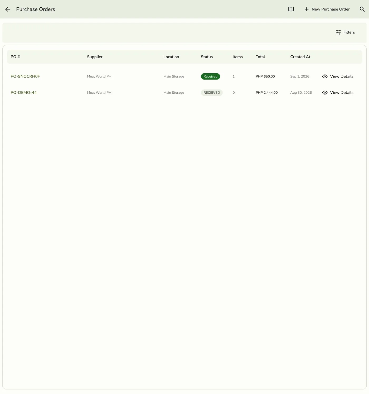 The Purchase Orders screen in Fuze Store, listing purchase orders with their supplier, location, status, and total