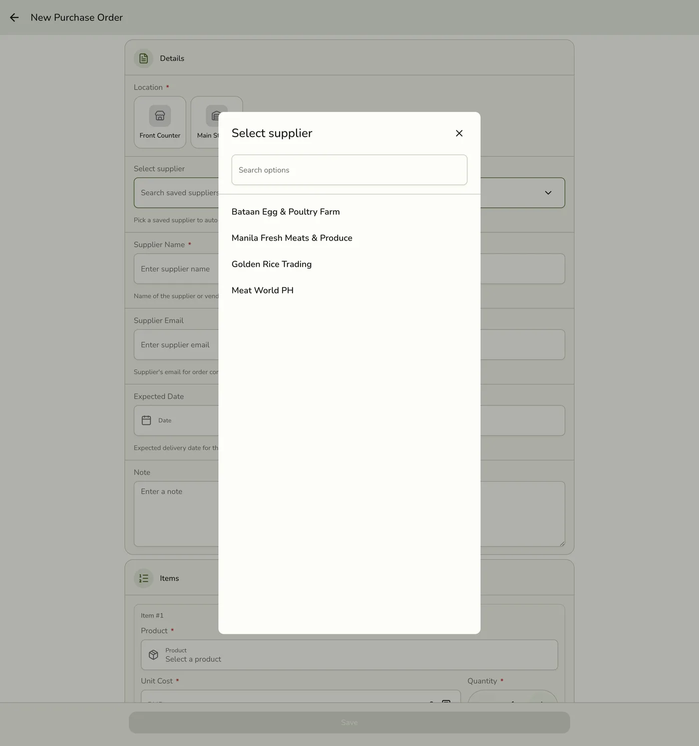 The Select supplier picker dialog on the New Purchase Order form, listing saved suppliers