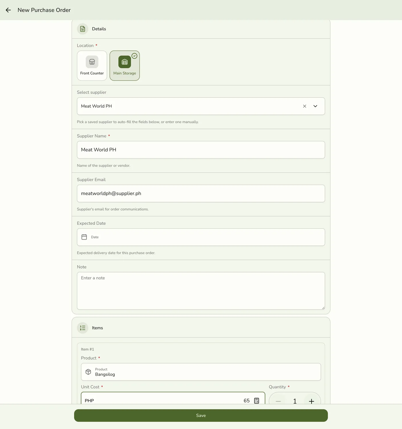 The New Purchase Order form with Main Storage selected, a supplier auto-filled from the picker, and a product, unit cost, and quantity added as a line item
