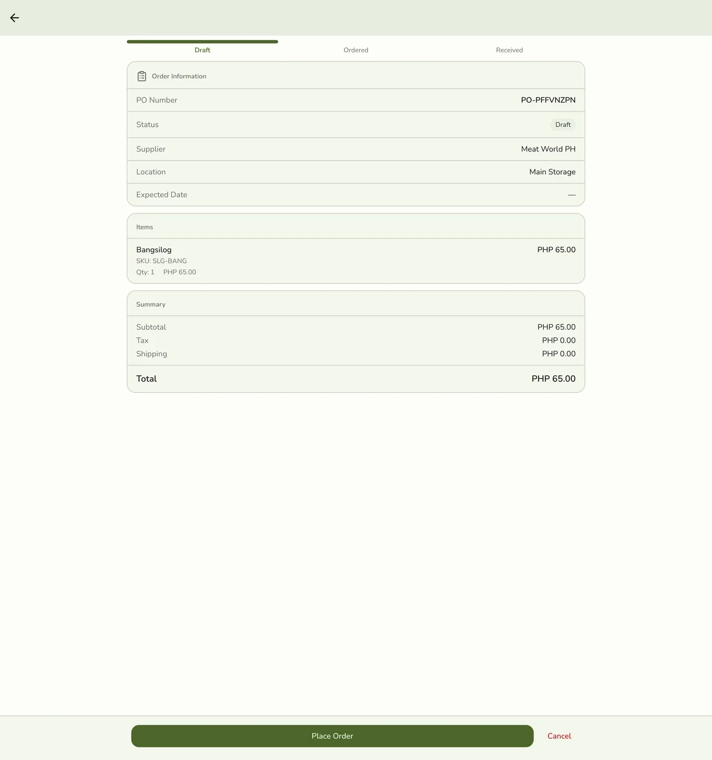 A newly-saved purchase order detail screen showing Draft status and a Place Order action