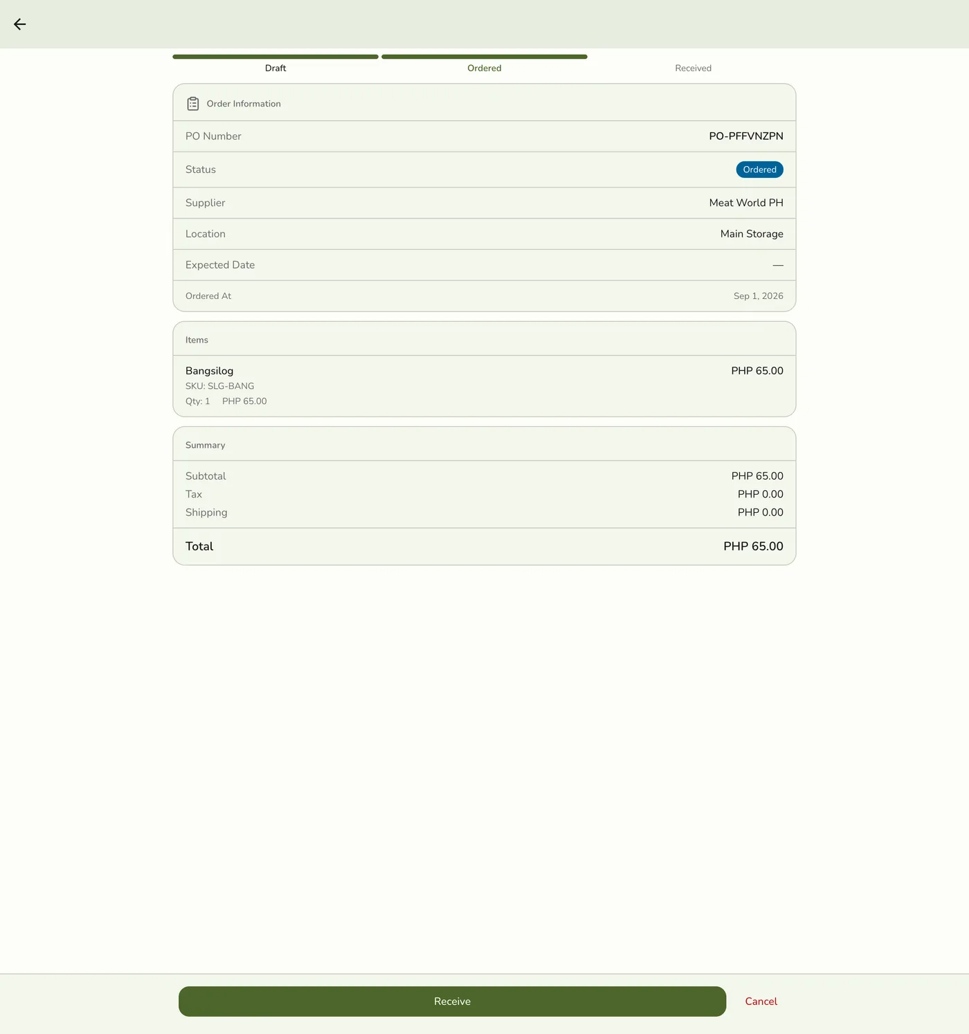 A purchase order detail screen after confirming Place Order, now showing Ordered status