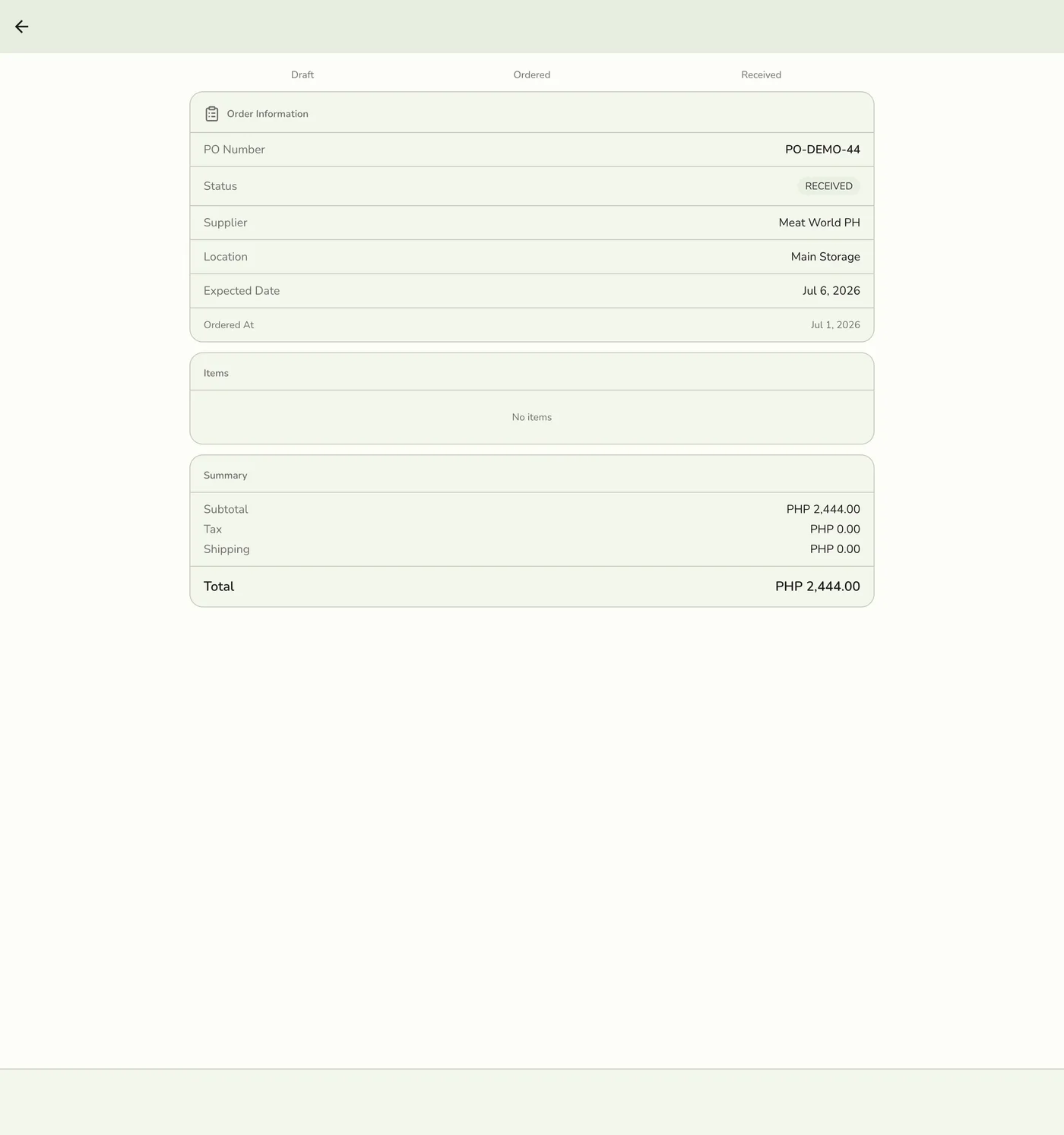 A completed purchase order detail screen showing Received status, its items, and totals