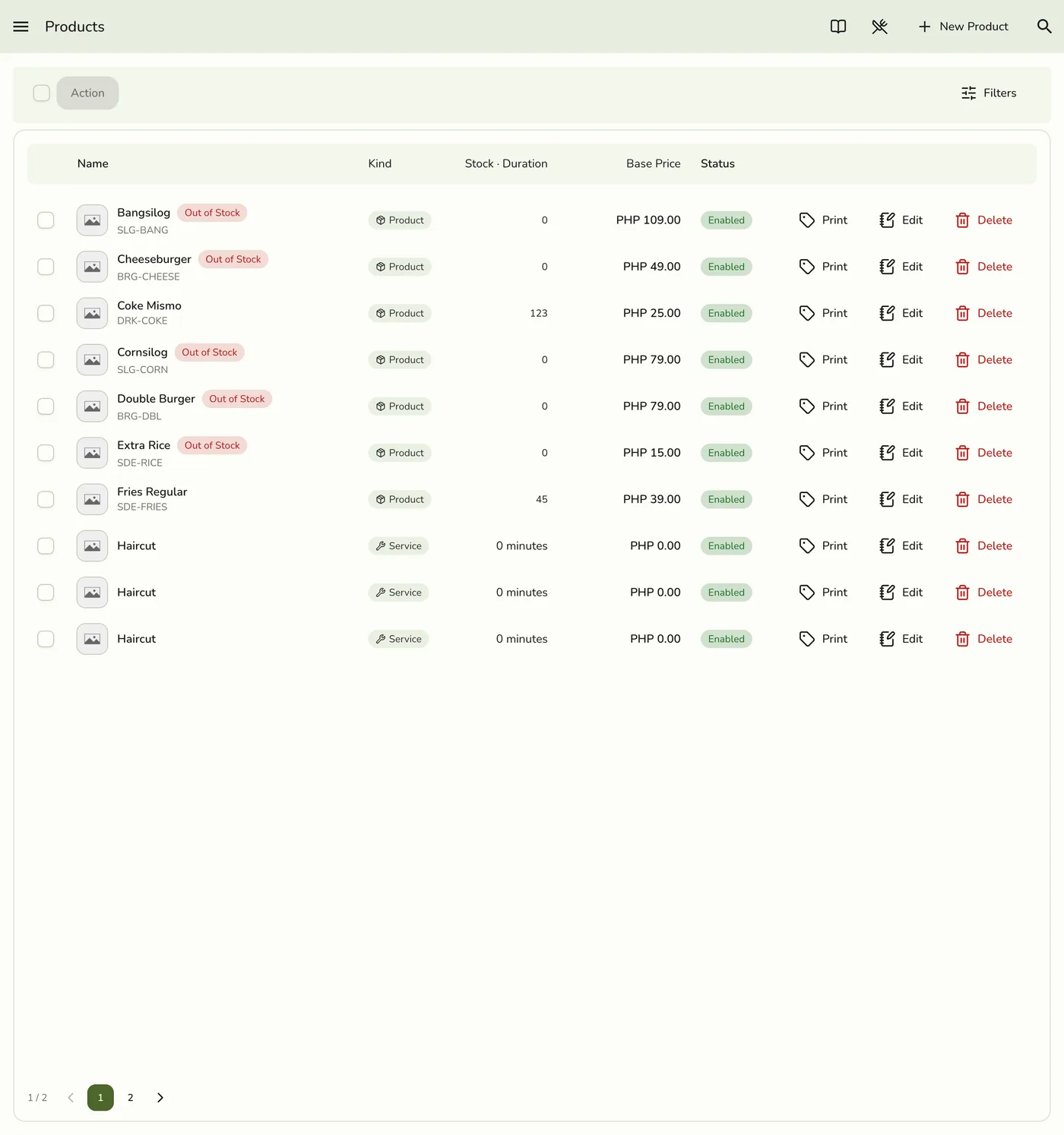 The Products screen in Fuze Store, listing products with their stock quantity and an Out of Stock badge where applicable