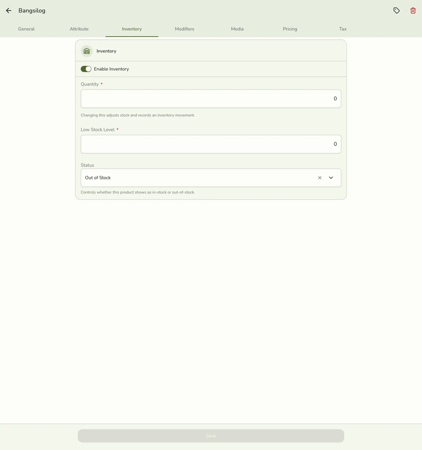 The Inventory tab on a product form, showing the Enable Inventory toggle, Quantity, Low Stock Level, and Status fields
